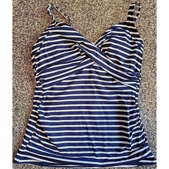 Lands' End Swim Top Navy Striped 16W DD Underwire Wrap Front Tankini 1X S411 - Picture 2 of 8
